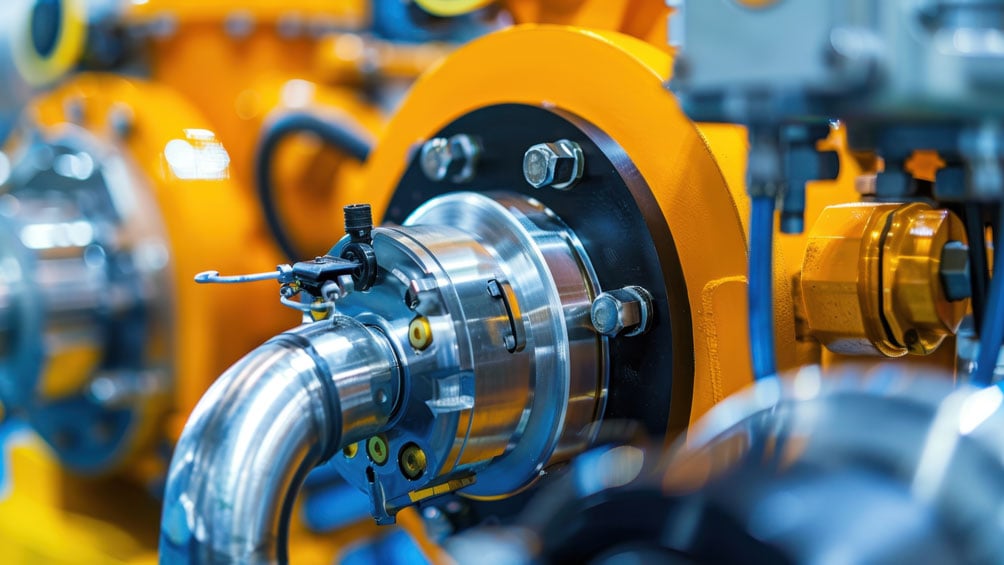 Close-up of industrial machinery with metal pipes and orange components.